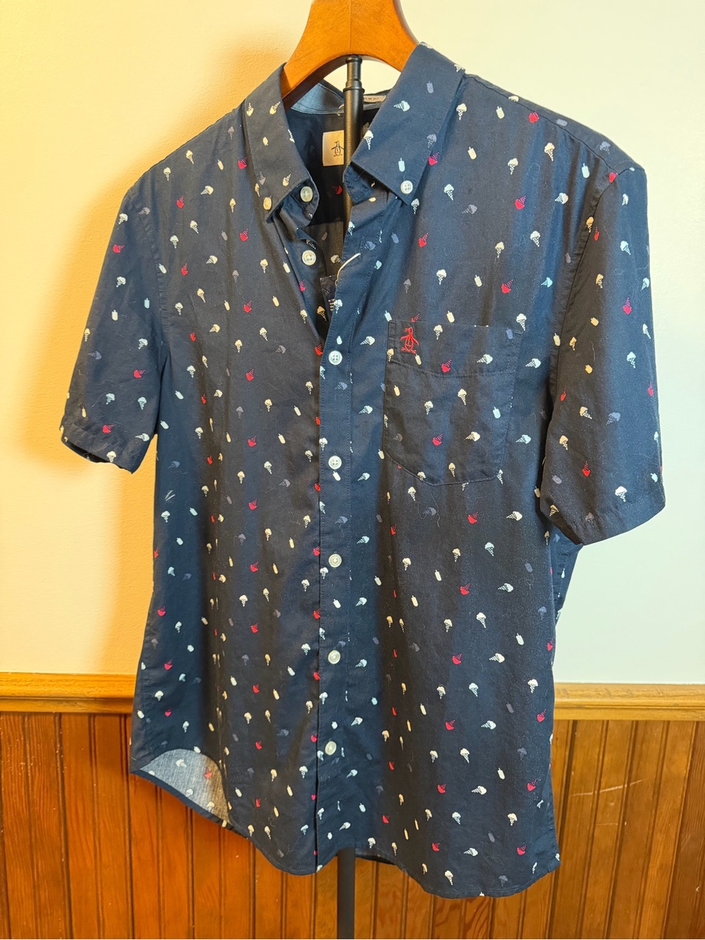 Original Penguin Navy Slim Fit Button-Down Shirt with Ice Cream Motif